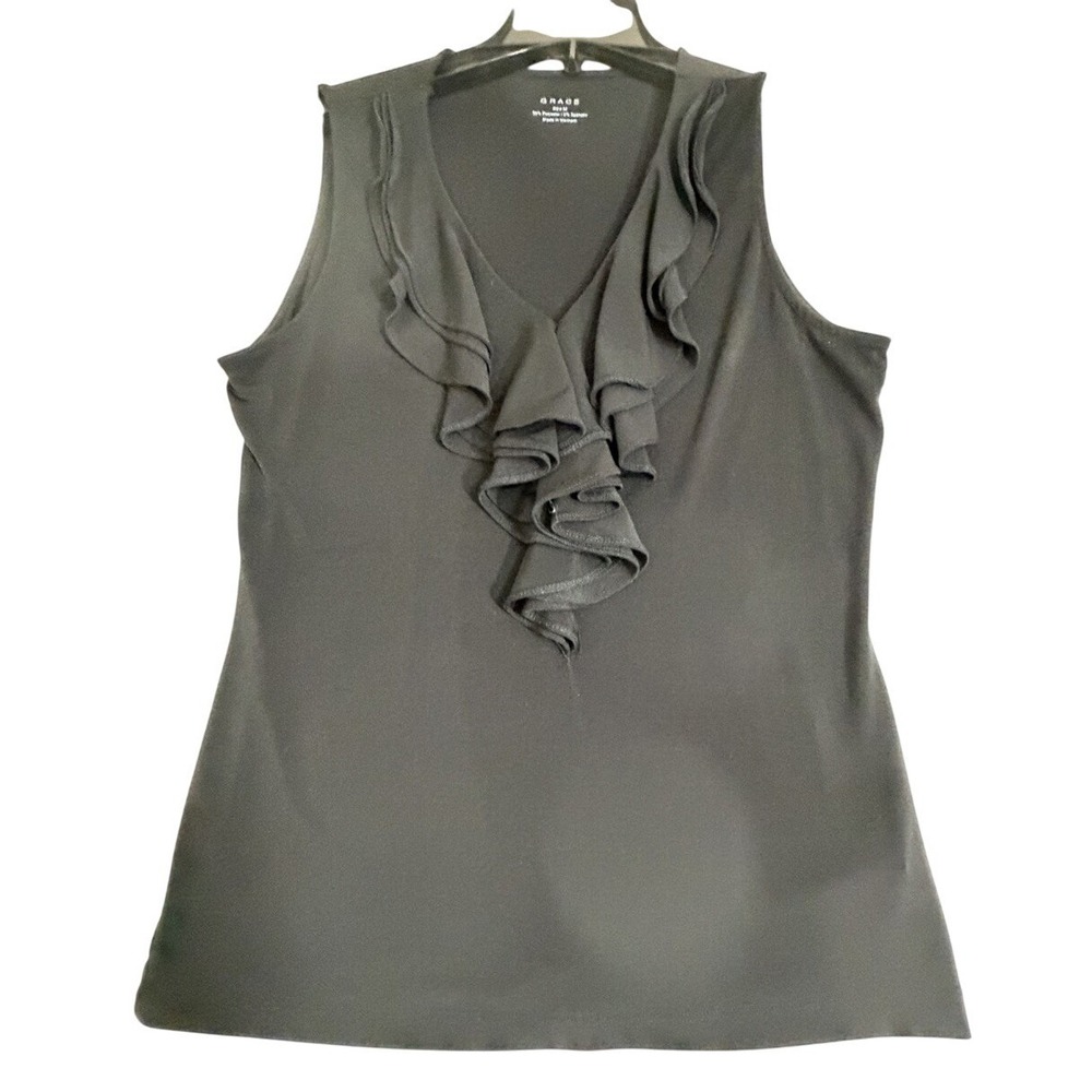 Grace Tank Top Womens Medium Black Sleeveless Ruffle V Cha Cha Party Y2K